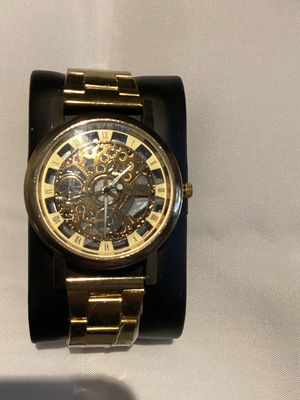 Men's Gold Skeleton Mechanical Watch with Open-Work Dial